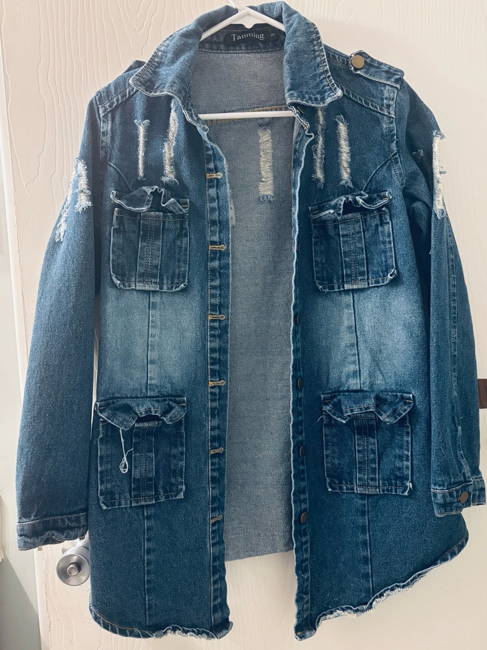 Tanning Distressed Long Denim Jacket - Dark Blue. Size small